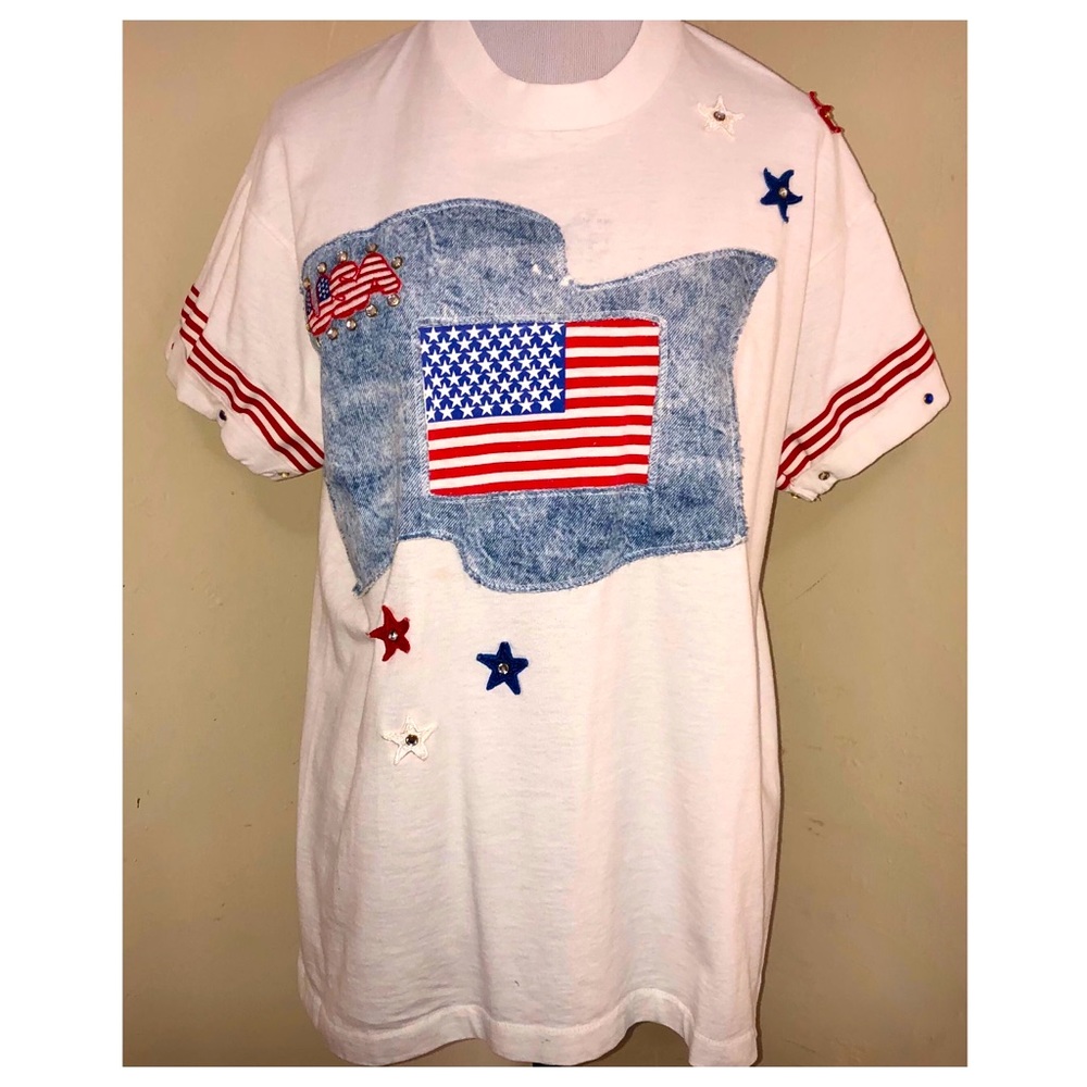 Vintage 1991 Gepetto American Flag Appliqué Tee Shirt, Ladies One Size